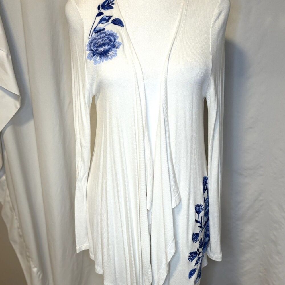 INC International Concepts Cardigan Floral Embroidered Draped White Blue Womens - Picture 3 of 7